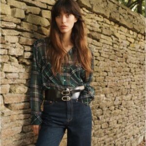 New Zara Button Down Sheer Metallic Green Plaid Cropped Long Sleeve Blouse L